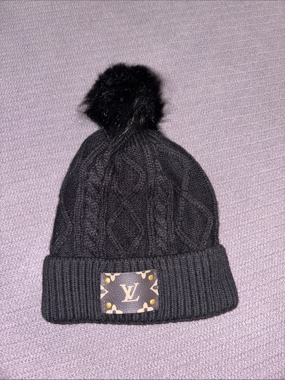 Black Cable Knit Pom Pom Beanie with LV Patch